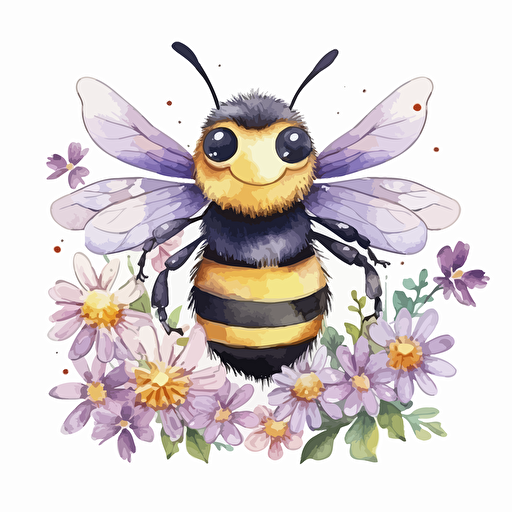 cute watercolor bee with flowers, vector