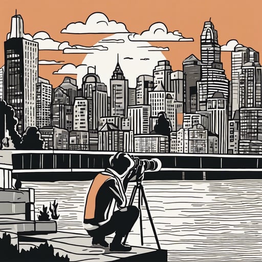 Photographer capturing a cityscape at sunset.