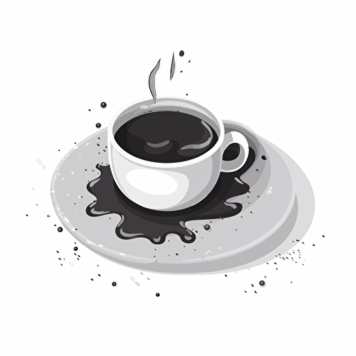 grayscale simple vector image of coffee cup lying on its side with a small pool of coffee that has spilled out