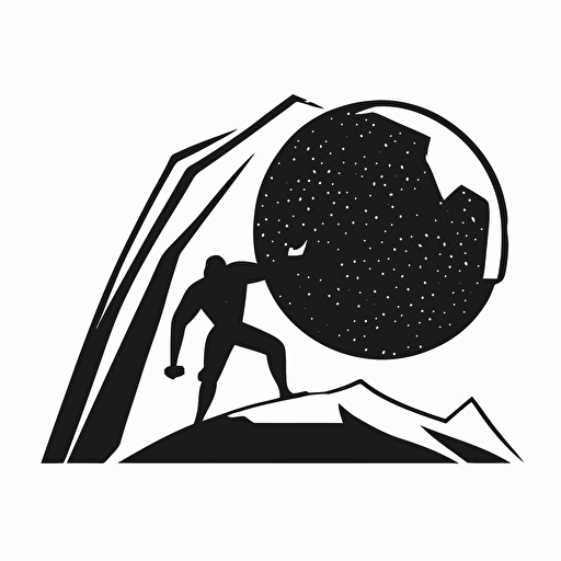 minimalist, retro, pictoral iconic logo of sisyphus pushing rock up a hill, black vector on white background