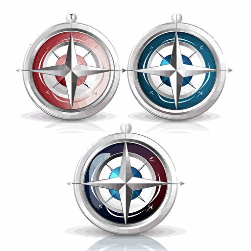 Design of professional logo featuring a futuristic compass clipart in stainless steel a white background. Include curves as an additional design element. vector style . Blue white and red