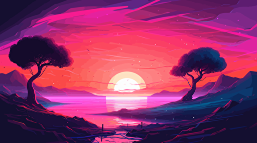 sunset landscape,vaporwave,vector colorful,digital art, photooilpainting