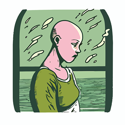 vector,pink,light green, bald girl,depressed,sad,crying, glass head,shaved head
