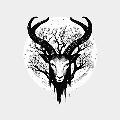flat vector, occult logo, black and white, black moon, black stylized moon, upside down, goat eye, moon, tree black tears, with the word: volva