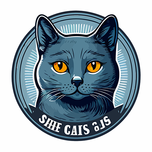 cat pet shop logo, Russian Blue, round face, smiling, big round eyes, lovely cute cat, cirble background, vector art style