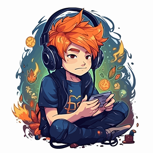 vector illustration of young boy gamer playing, flaming hair