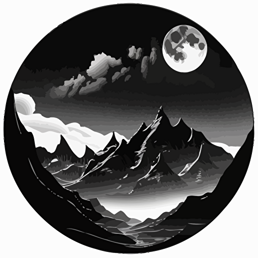 fantastical mountain range at night drawing, monotone, single layer, no shadows, #000000, 700mm diameter perfect circle, black outer border, vector art