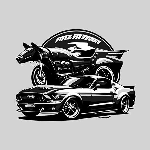 Motorcycle and Ford mustang in the logo, vector, black and white