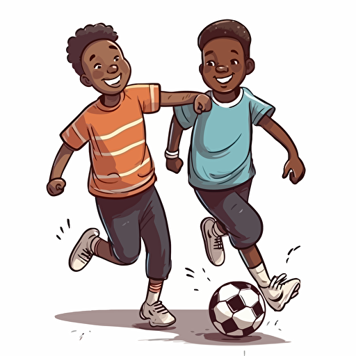 Vector illustration of 9 years old black boy and white boy playing soccer with white background