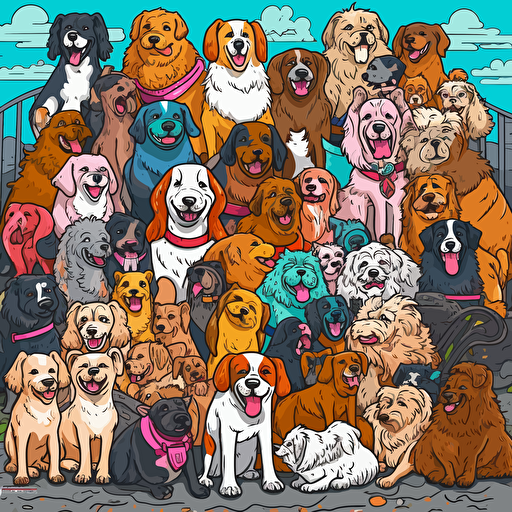 doodle drawing of a large group of cute dogs of various breeds using flat vector drawing in bright colors