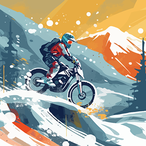 greeting card for a birthday, theme is related to burnout 3 takedown video games, mountain bike, skiing and motorsport, with a bit a switzerland and snow, modern style, cool, rider