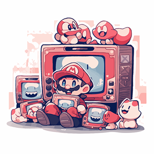 8 bit mario playing video games, Sticker, Adorable, Tertiary Color, Street Art, Contour, Vector, White Background, Detailed
