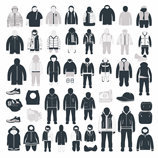 A set of 30 different pictograms consisting of: a pair of shoes, a bagpack, pants, jacket, a beanie, gloves. The collection is meant to be easy to understand with easy shapes. Targetgroup: Kids age 3 to 7, gender-neutral. Specifications of image: Vector-art in 2D. No colors. Black and white only.