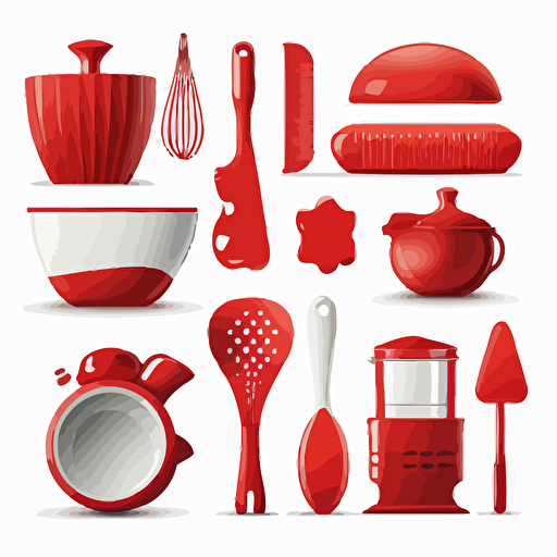 red kitchen accessories, high details, clip art, vector style, white background