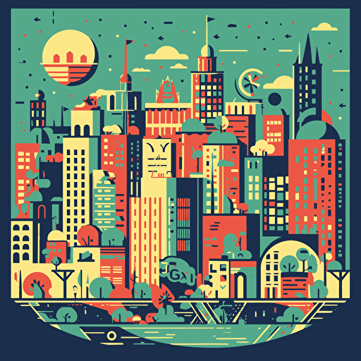 a city themed card back design that is non-directional in fun primary colours with a vector art style