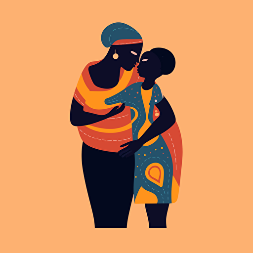 african parent and child embracing, flat design, vector style, doodle art, plain background