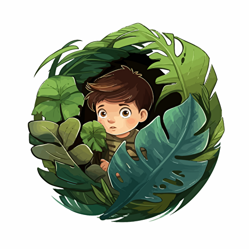 vector logo design, kid hiding in a big green leaf, cute drawing, green colors, Thomas Rohlfs style