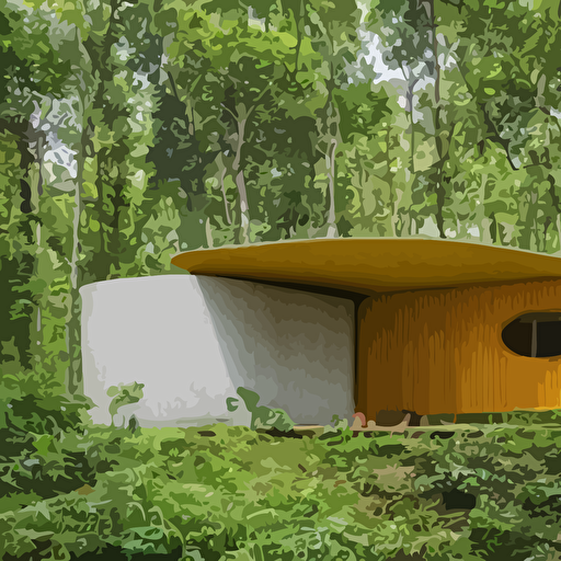 wide image eco community innovative contemporary 3d printed prefab sea ranch style cabin rounded corners angles beveled edges cement concrete organic architecture lush green forest designed gucci wes anderson golden hour