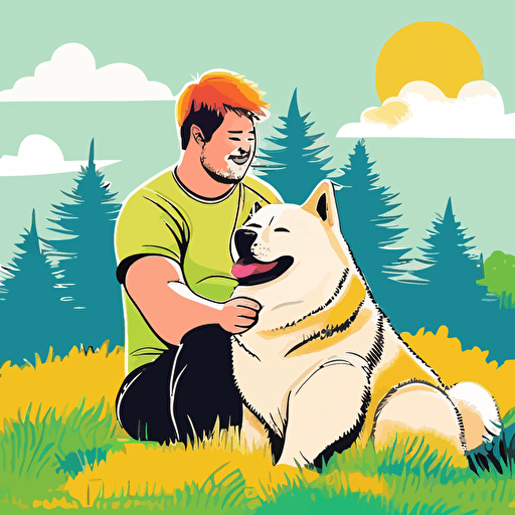 man sitting on grass and hugging a cute happy cream color akita-inu dog, beautiful background, cartoon, vector style, cute, colorful,