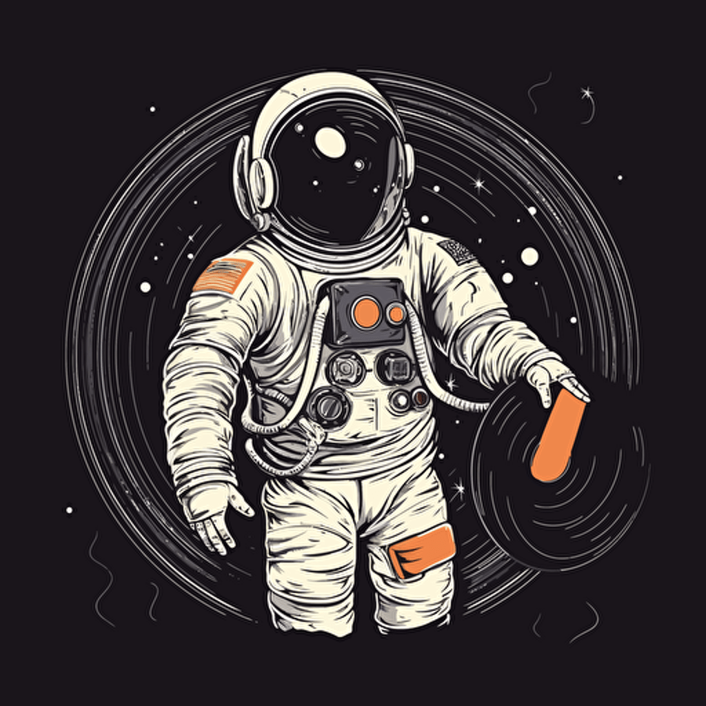 an astronaut holding a big vinyl,his whole body can be seen, 2d vector on black background