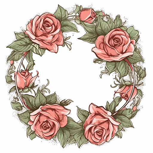 roses, surrounded by leaf motifs, in a circluar shape, vector design on the edges of the image