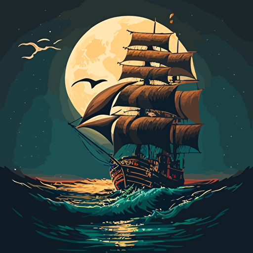 sloop at night in rough seas with a huge moon, vector style