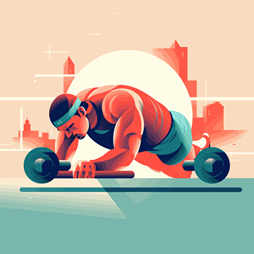 Vector illustration athlete doing push-ups on dumbbells, calm light background