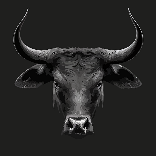 bull head frontal view, vector style, black and white simple, black background