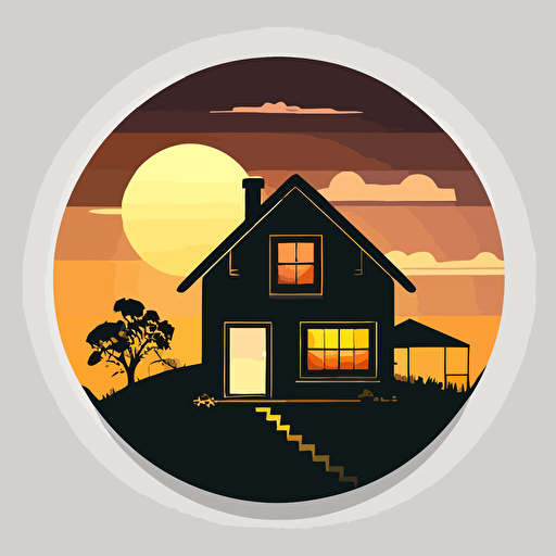 simple icon, vector small round sticker, small house with solar panels during sunset