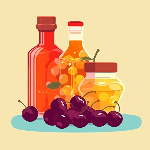 A spheric glass bottle containing honey combs and and a pair of cherries. Flat vector illustration in the style of Kurzgesagt.