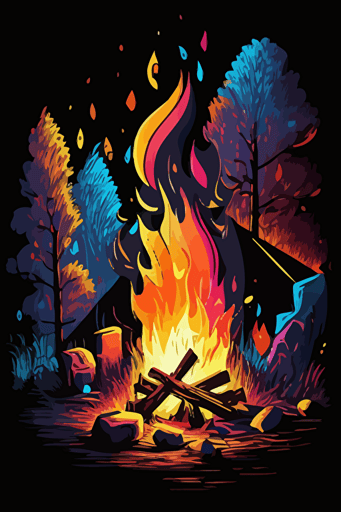 campfire, vivid colors, pop art deco illustration, hand vector art, black background,