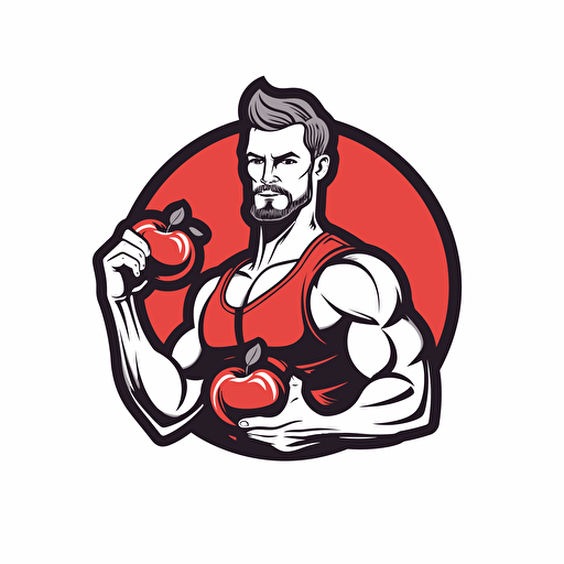 vector logo of a MAN HOLDING A DUMBBELL AND AN APPLE IN RED AND GRAY COLOR in modern style on a white background without text