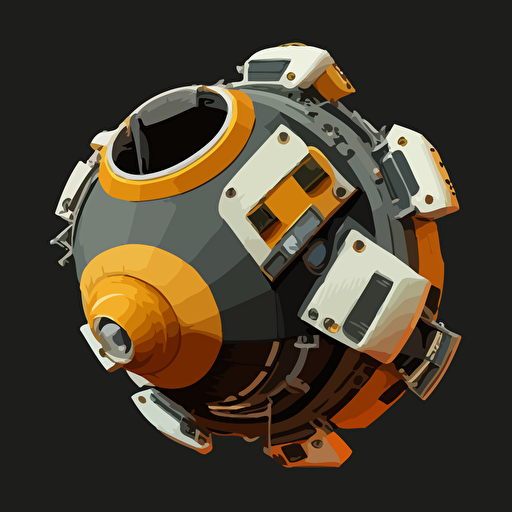 heavy duty space ship, round, vector, simple, top down, isometric, orange and grey, black background