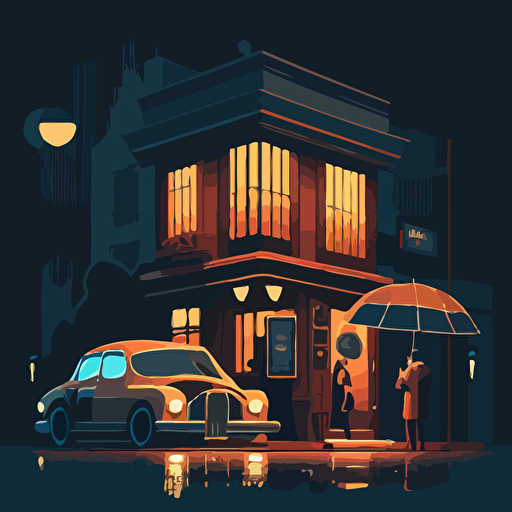 Inspired by the mysterious nature of Satoshi Nakamoto, create a vector illustration of a film noir-style detective office, with Satoshi discussing the future of cryptocurrencies with a private investigator. Set the scene on a rainy night.