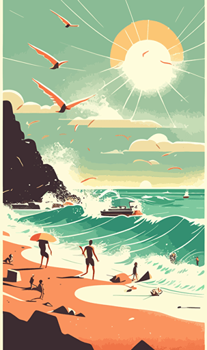 vector illustration of a beach and a beautiful sun with foamy waves, sharp and well drawn figures style Jak Vetriano , Emiliano Ponzi, Emilio Tadini, v5