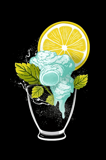 candy floss with fresh mint and lemon topping in a glass, slice of lemon and leaf of mint, vector logo design, black background