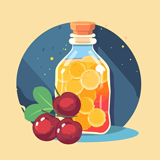 A single spheric glass bottle containing a piece of honey combs and and a pair of cherries. Flat vector illustration in the style of Kurzgesagt.