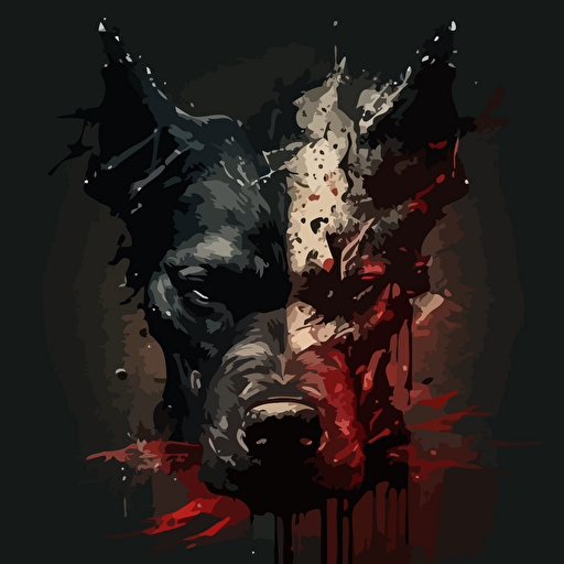 aggressive dog with very thick head:: 5scar over eye:: 2 vector logo: hells gates background