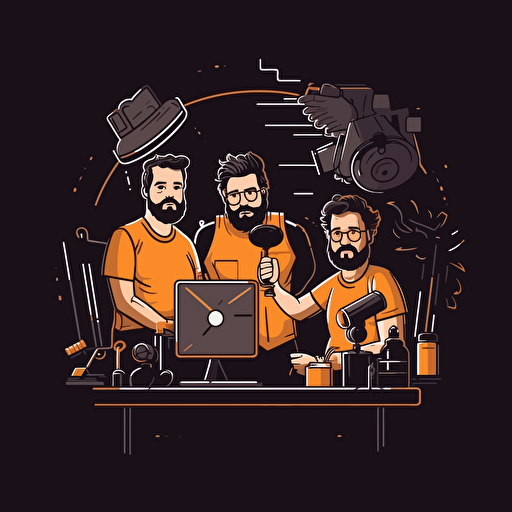 three guys making films. presentation style. vector style over black.