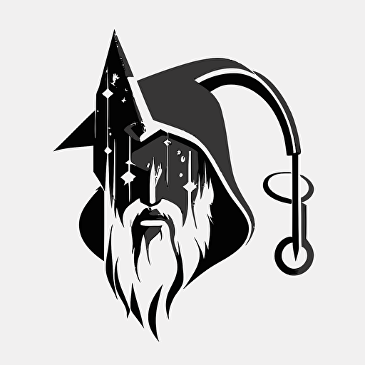 minimalistic pop art iconic logo of wizard wearing headphones, black vector, on white background
