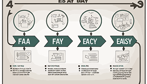 E A S Y four-step flow chart, visual chart, horizontal version, cartoon sketch, vector, no people