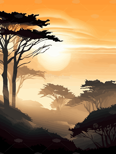 Big Sur coast, sunrise or sunset, hazy, fog covered trees, mysterious, painted illustration, concept art, vector, travel poster 2D