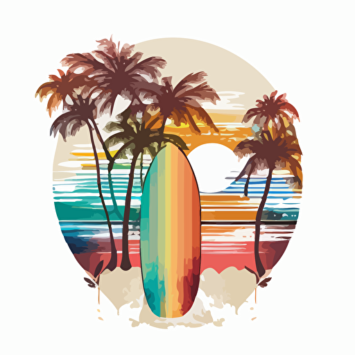 colorful vector beach style surfboard stuck in a beach next to palm trees and waves of water in a circle on white background