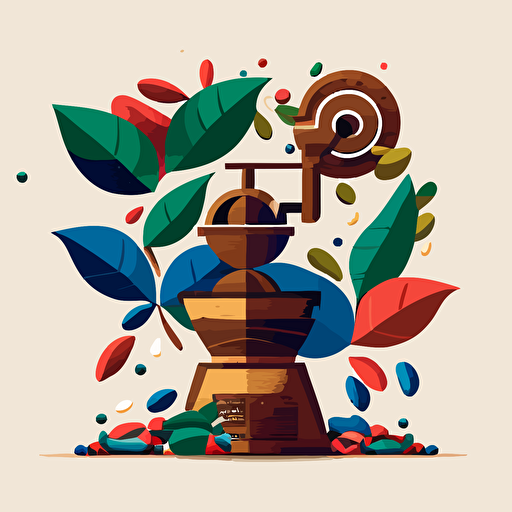 coffee growing illustration, coffee bean, grinder, grower, 2d vectors, geometric, colors inspired by Colombia and coffee culture, coffee growing