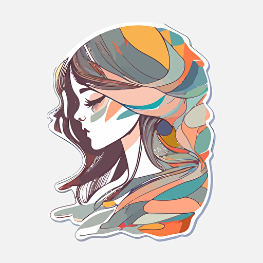 abstract girl, sticker, cute, soft color, geometric, contour, vector, white background, detail