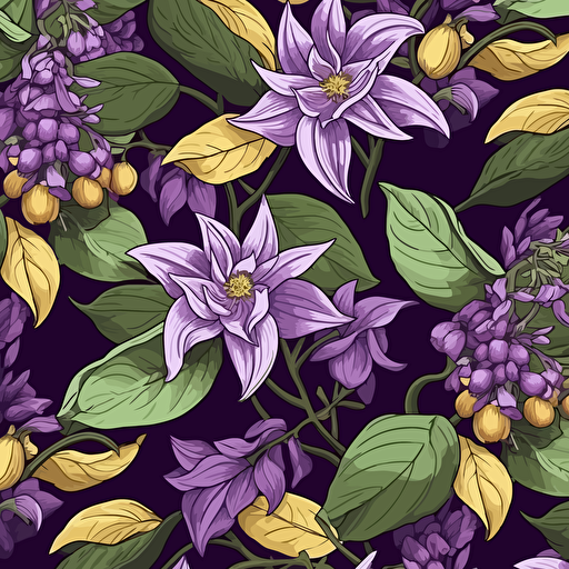 Ylang Ylang & Patchouli illustration, epic composition, 2d vector, purples, seamless pattern