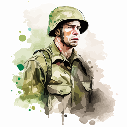 a WWII american soldier in vector style, water color, green colors