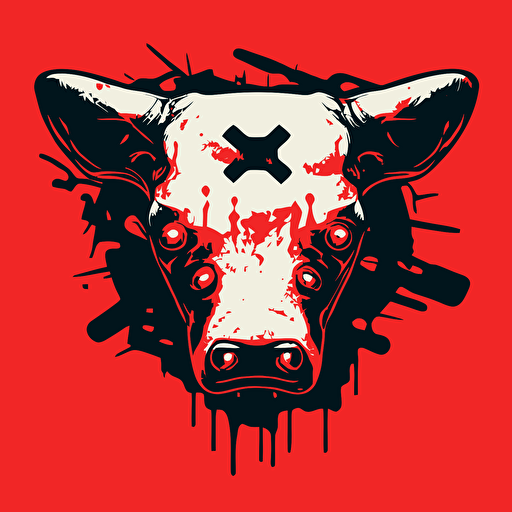 an emblem of a mad bovine on fire, game controller in mouth, vector, simple