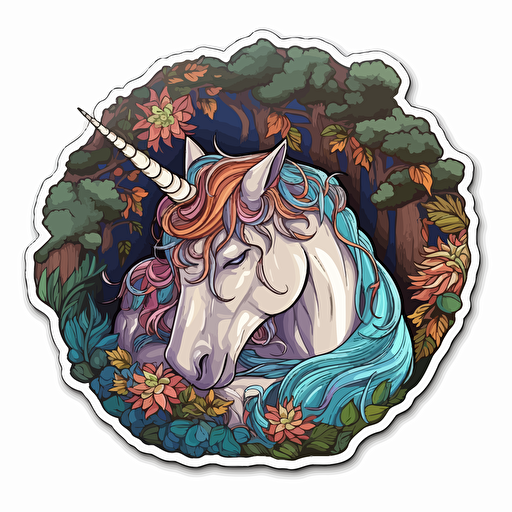 A sleeping unicorn, Sticker, Lovely, Dark, Digital Art, Contour, Vector, White Background, Detailed