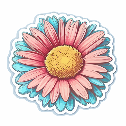 sticker vector design, cartoon drawing, single daisy flower, top view, pink and blue, white background, vivid colors